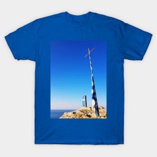 Greek flag waving on a blue and white pole with a cross T-Shirt